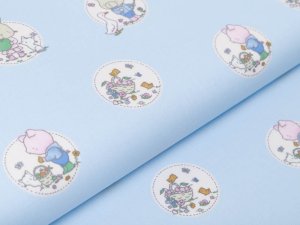 Webware Baumwolle Popeline - niedliche Tierkinder im Blumenkreis - blau