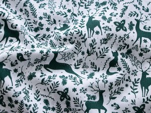 Webware Popeline Baumwolle Weihnachten - Rotwild und Zweige - weiß-grün