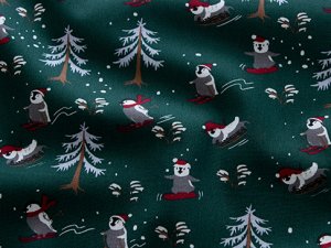Webware Popeline Baumwolle Weihnachten - Weihnachtspinguine auf Ski- dunkelgrün