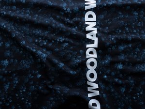 Sweat French Terry Bordürenstoff Swafing Woodland by Thorsten Berger - Schriftzug - schwarz-blau
