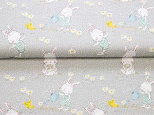 Jersey Swafing Moppi Rabbit by Christiane Zielinski - süßes Häschen Moppi im Garten - grau 