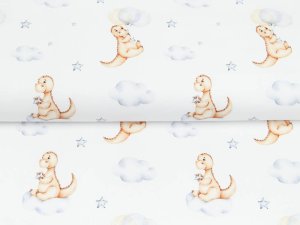 Webware Baumwolle Popeline Digitaldruck Mix Cloudy Snoozy - Dinos auf Wolken - weiß