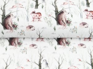 Musselin Double Gauze Digitaldruck Mix Blaze Snoozy - Bären und Igel im Wald - weiß