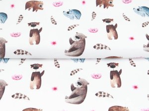 Webware Baumwolle Popeline Digitaldruck Mix Finn Snoozy - Bären und Wildschweine - weiß