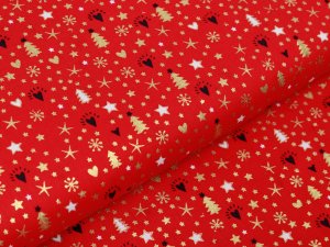 Webware Baumwolle Popeline mit Foliendruck - Weihnachtsbäume und Sterne - rot