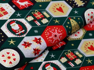 Webware Baumwolle Popeline mit Foliendruck - Weihnachtliche Figuren - tannengrün