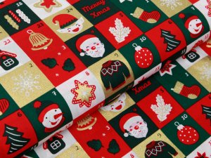Webware Baumwolle Popeline mit Foliendruck - Weihnachtliche Figuren auf Karos - tannengrün