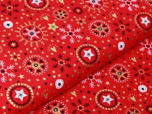 Webware Baumwolle Popeline mit Foliendruck - Weihnachtliche Kristalle und Herzen - rot