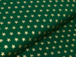 Webware Baumwolle Popeline mit Foliendruck - goldene blitzende Sterne - tannengrün