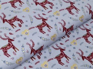 Webware Baumwolle Popeline mit Foliendruck - Weihnachtliche Hirsche und Herzen - helles grau