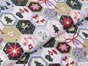 Webware Baumwolle Popeline mit Foliendruck - Weihnachtliche Patches - helles rosa