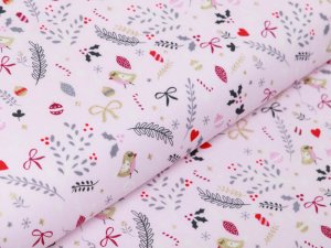 Webware Baumwolle Popeline mit Foliendruck - Geschenkschleifen und Tannenzweige - helles rosa