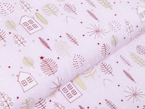 Webware Baumwolle Popeline mit Foliendruck - Weihnachtliche Bäume und Häuser - helles rosa