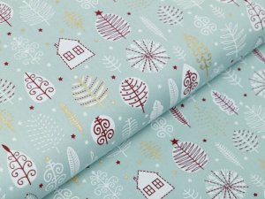 Webware Baumwolle Popeline mit Foliendruck - Weihnachtliche Bäume und Häuser - minze