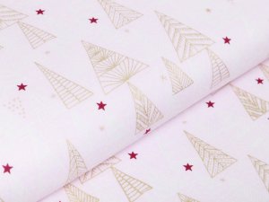 Webware Baumwolle Popeline mit Foliendruck - Weihnachtsbäume und Sterne - rosa