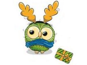 Transfer-Applikation Christmas Owls zum Aufbügeln - ca. 8,0 cm x 6,5 cm - Eule mit blauem Schal