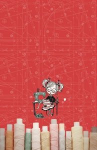 Jersey Digitaldruck Stenzo Sewing PANEL ca. 60 cm x 50 cm - Mädchen mit Nähmaschine - rot