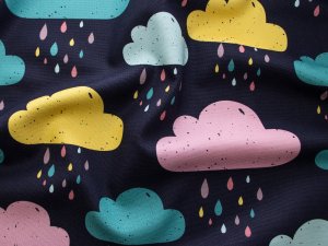 Webware Baumwolle Swafing Tom - große bunte Regenwolken - marineblau