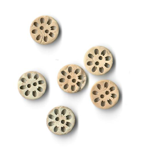 Runder Kokosnuss-Knopf - 6 Stück 13 mm - Blume als Lochmuster - holzfarben
