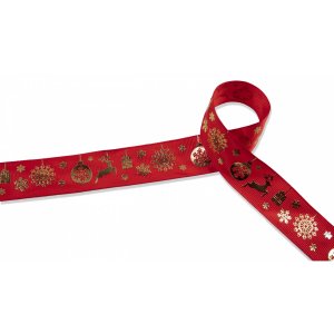 Dekorband Christmas zum Aufnähen mit Foliendruck 2,5 cm breit - Weihnachtsornamente - rot