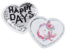 Applikation Wendepailetten Herz mit Einhorn / Happy Day 15 x 16,5 cm - weiß/silberfarben