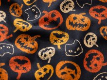 Webware Baumwolle Halloween - gruselige Kürbisse und Katzen - schwarz