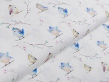 Webware Popeline Baumwolle Digitaldruck - putzige Vögel auf Zweigen - weiß