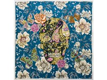 Jacquard Gobelin Dekostoff PANEL ca. 48 cm x 48 cm - Totenkopf und Schmetterlinge - petrol