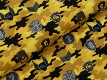Webware Baumwolle Popeline - Army-Patches und Marken auf Camouflage - gelb
