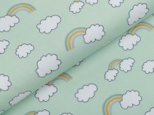 Webware Baumwolle Popeline - Wolken und Regenbögen - mint
