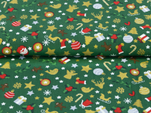 Webware Baumwolle Popeline mit Foliendruck - Zuckerstangen und Weihnachtsengel - tannengrün