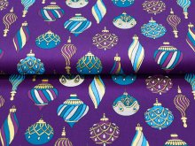Webware Baumwolle Popeline mit Foliendruck - buntgemusterte Weihnachtskugeln - violett