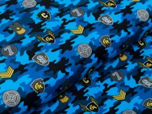 Webware Baumwolle Popeline - Army-Patches und Marken auf Camouflage - blau