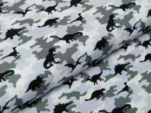 Webware Baumwolle Popeline - Dinos auf Camouflage - grau