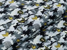 Webware Baumwolle Popeline - Army-Patches und Marken auf Camouflage - grau