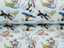 Webware Baumwolle Popeline Digitaldruck Looney Tunes - Bugs Bunny und Freunde beim Sport - helles blau
