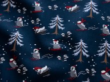 Webware Popeline Baumwolle Weihnachten - Weihnachtspinguine auf Ski - dunkelblau