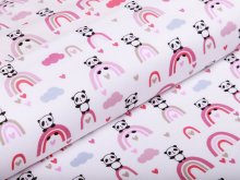 Webware Popeline Baumwolle - Pandas auf Regenbögen - weiß/pink