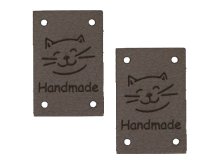 2 Applikationen/Label aus ökologischem Kunstleder ca. 20x30mm - Handmade-Katze - dunkelgrau