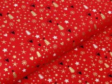 Webware Baumwolle Popeline mit Foliendruck - Weihnachtsbäume und Sterne - rot