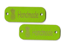 2 Applikationen / Label aus ökologischem Kunstleder ca. 15x40mm - Ananas Handmade - limette