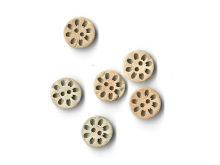 Runder Kokosnuss-Knopf - 6 Stück 13 mm - Blume als Lochmuster - holzfarben
