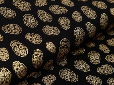 Jersey mit Foliendruck - goldene geblümte Skulls - schwarz