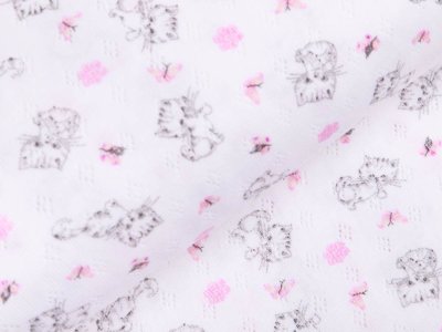 Jersey Baumwolle-Feinstrick - Pointoille Lochmuster - süße Kätzchen und Schmetterlinge - weiß