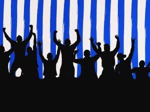 Jersey Bordürenstoff Swafing Fans - Fans auf Streifen - weiß/blau