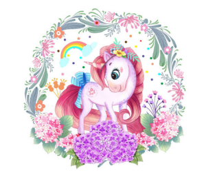 Transfer-Applikation zum Aufbügeln ca. 22,0 cm  x 22,0 cm - verträumtes Einhorn im Blumenfeld