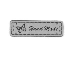 Kunstleder Aufnäher ca. 15 x 50 mm - Hand Made mit Schmetterling - grau