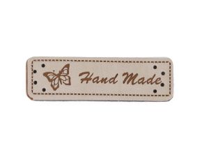 Kunstleder Aufnäher ca. 15 x 50 mm - Hand Made mit Schmetterling - beige
