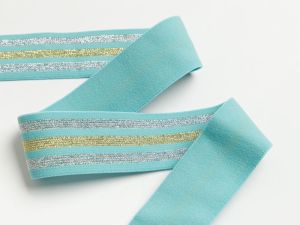 Weiches Gummiband mit Glitzer ca. 40mm - Streifen - blau/goldfarben/silberfarben