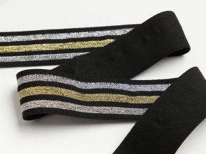 Weiches Gummiband mit Glitzer ca. 40mm - Streifen - schwarz/gold/silberfarben